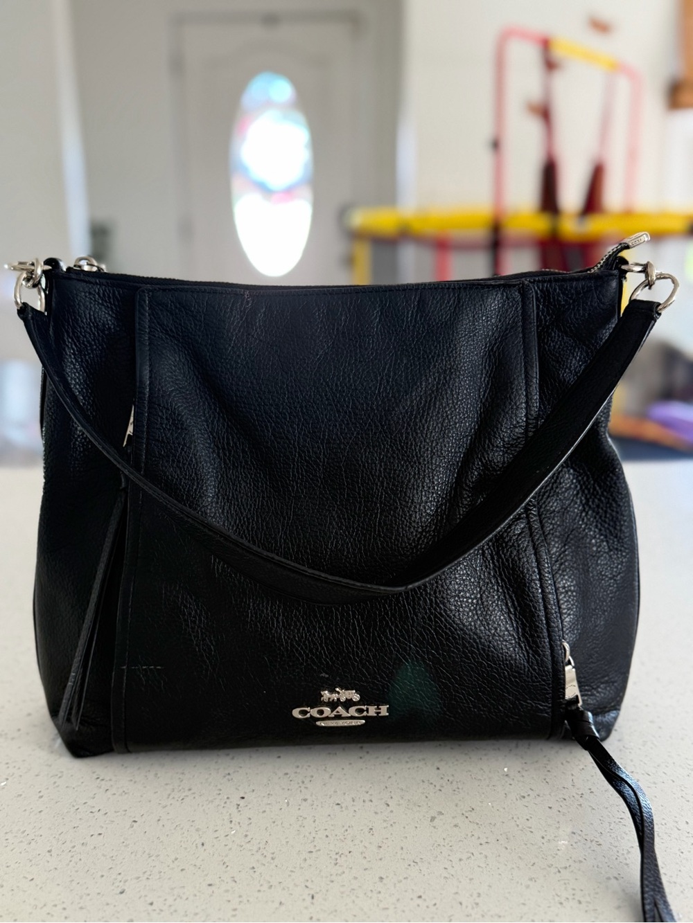 Coach Marlon Hobo Black Pebbled Leather Shoulder Bag with Silver Hardware